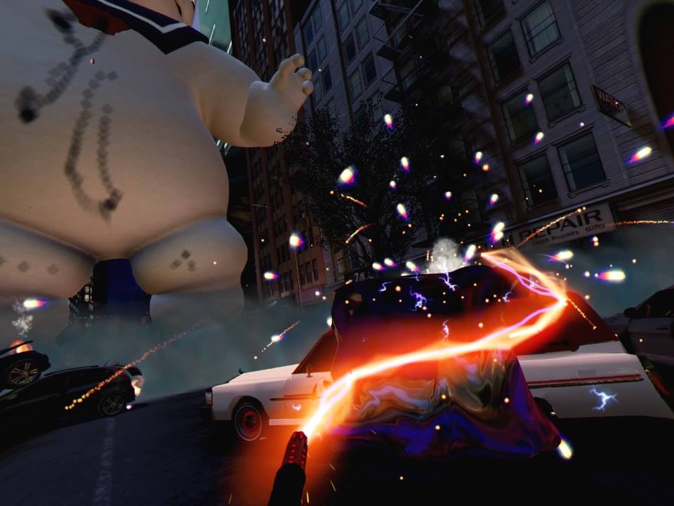 マシュマロマンに突っ込ませるためにプロトンビームをECT-1に当てる @ Ghostbusters VR: Showdown